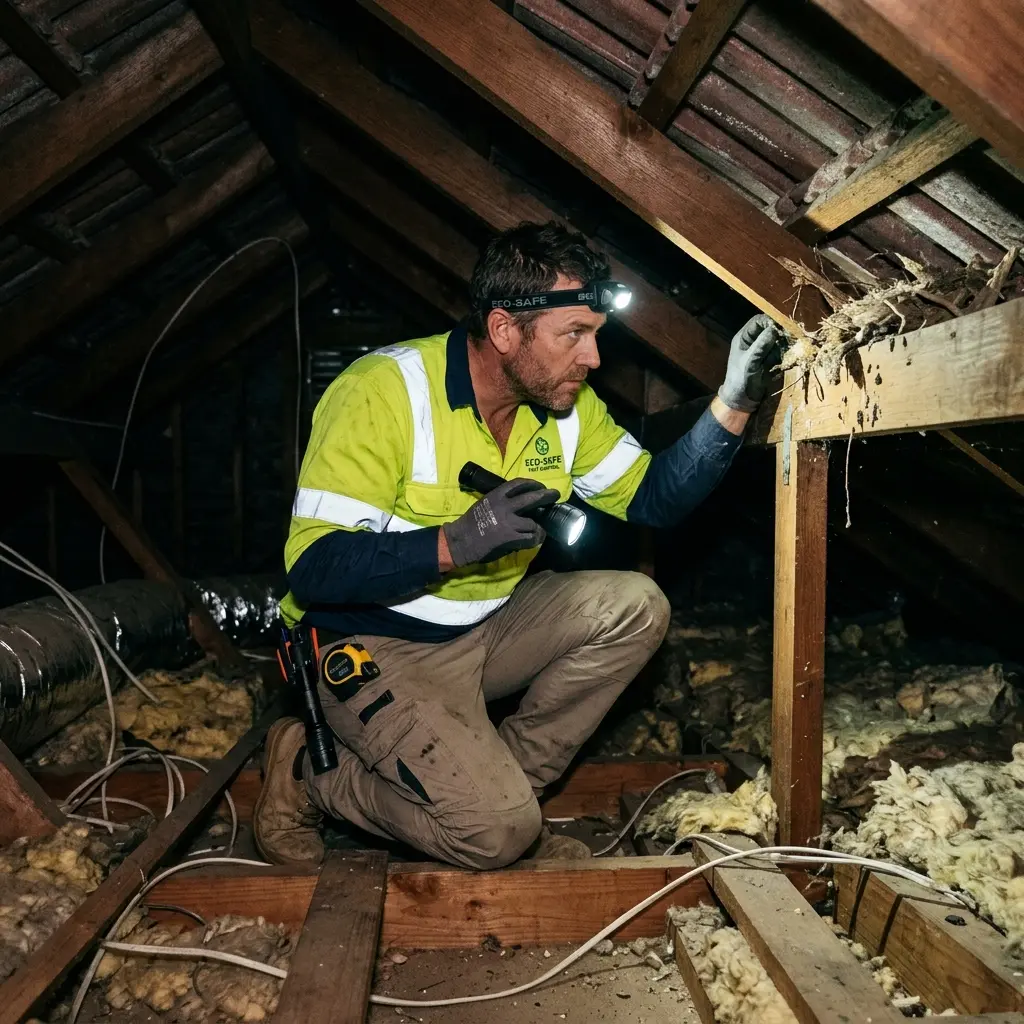 Technician inspecting a roof cavity for a dead animal in Somerton