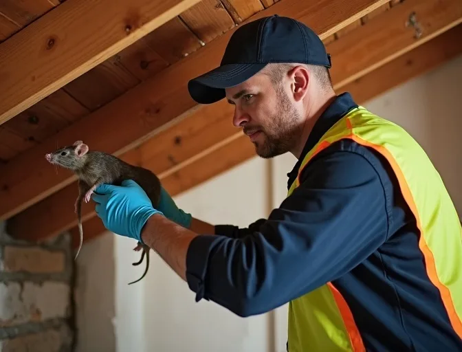 Technician inspecting a roof cavity for a dead rat in Somerton